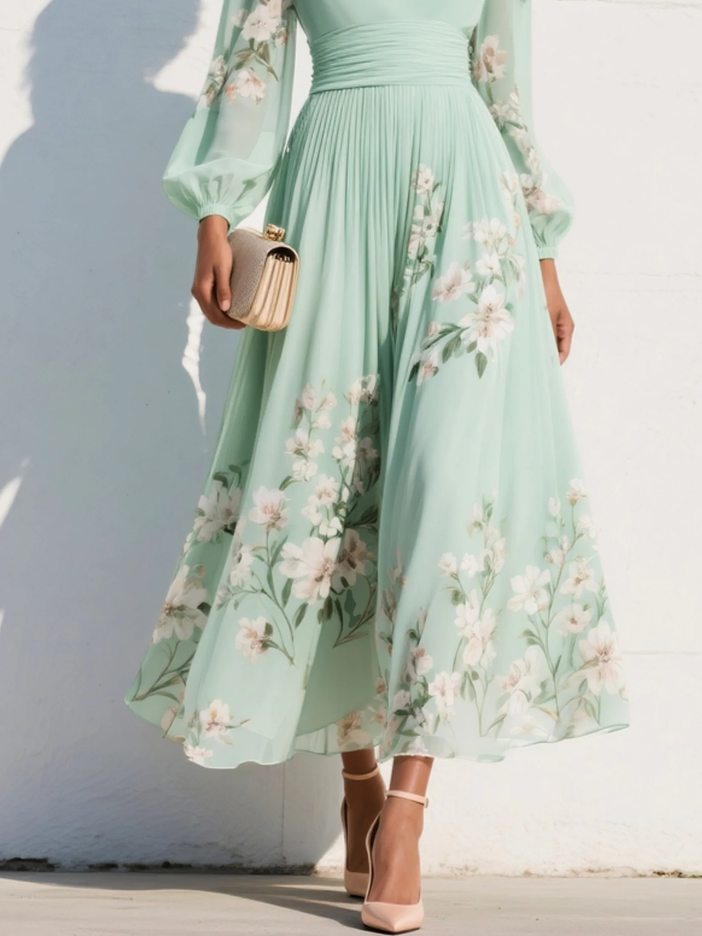 Maxi Pleated Chiffon Dress in Mint Green with Floral Print for Women