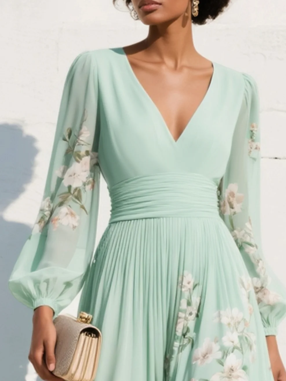 Maxi Pleated Chiffon Dress in Mint Green with Floral Print for Women