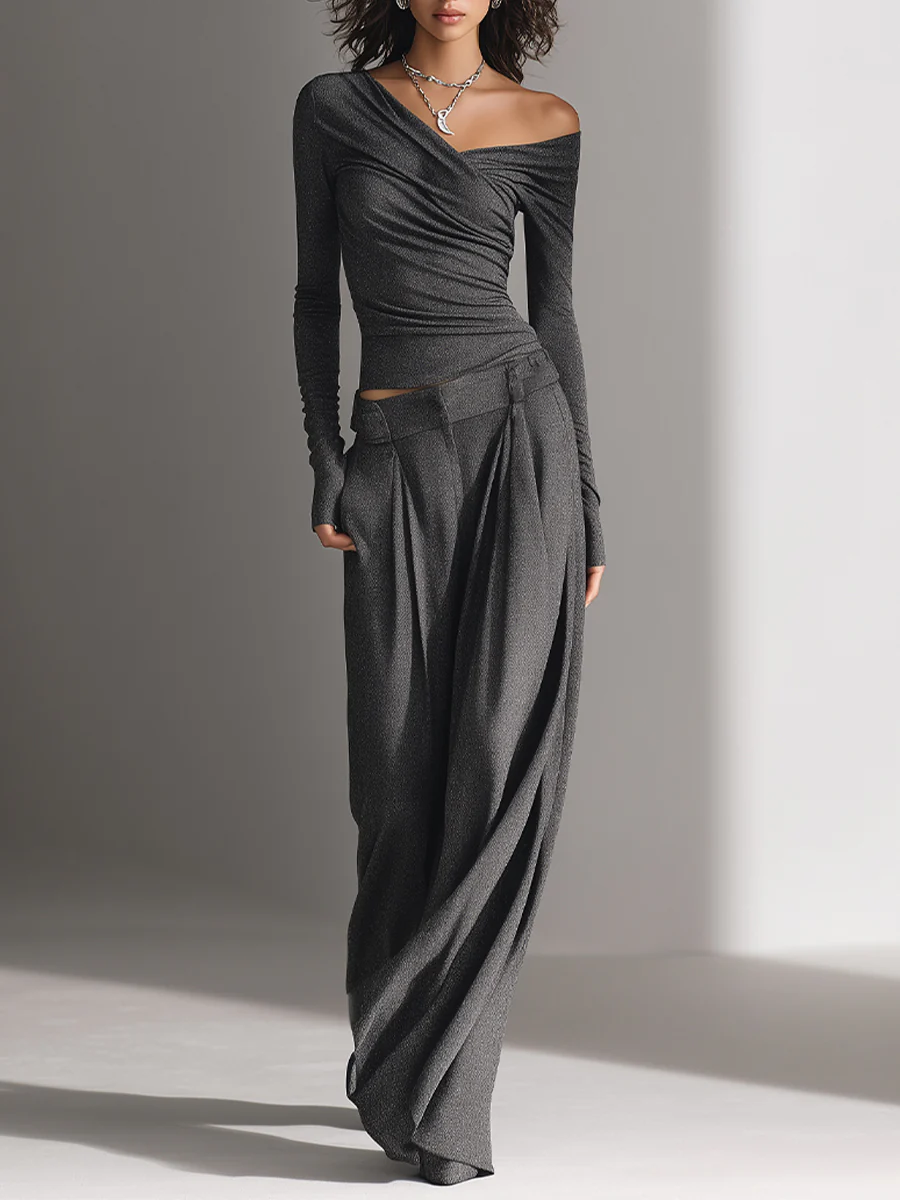 Jasmine | Charcoal Textured Off-Shoulder Top &amp; Wide-Leg Pants Set