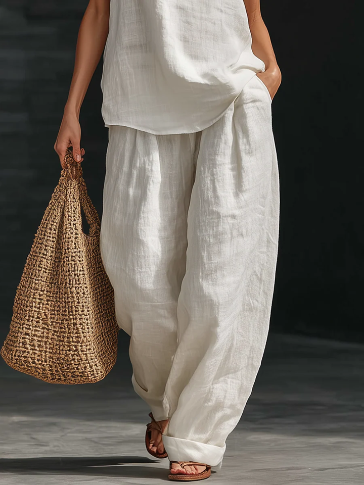 Amelia | Faux Linen V-Neck Top &amp; Wide-Leg Pants Set