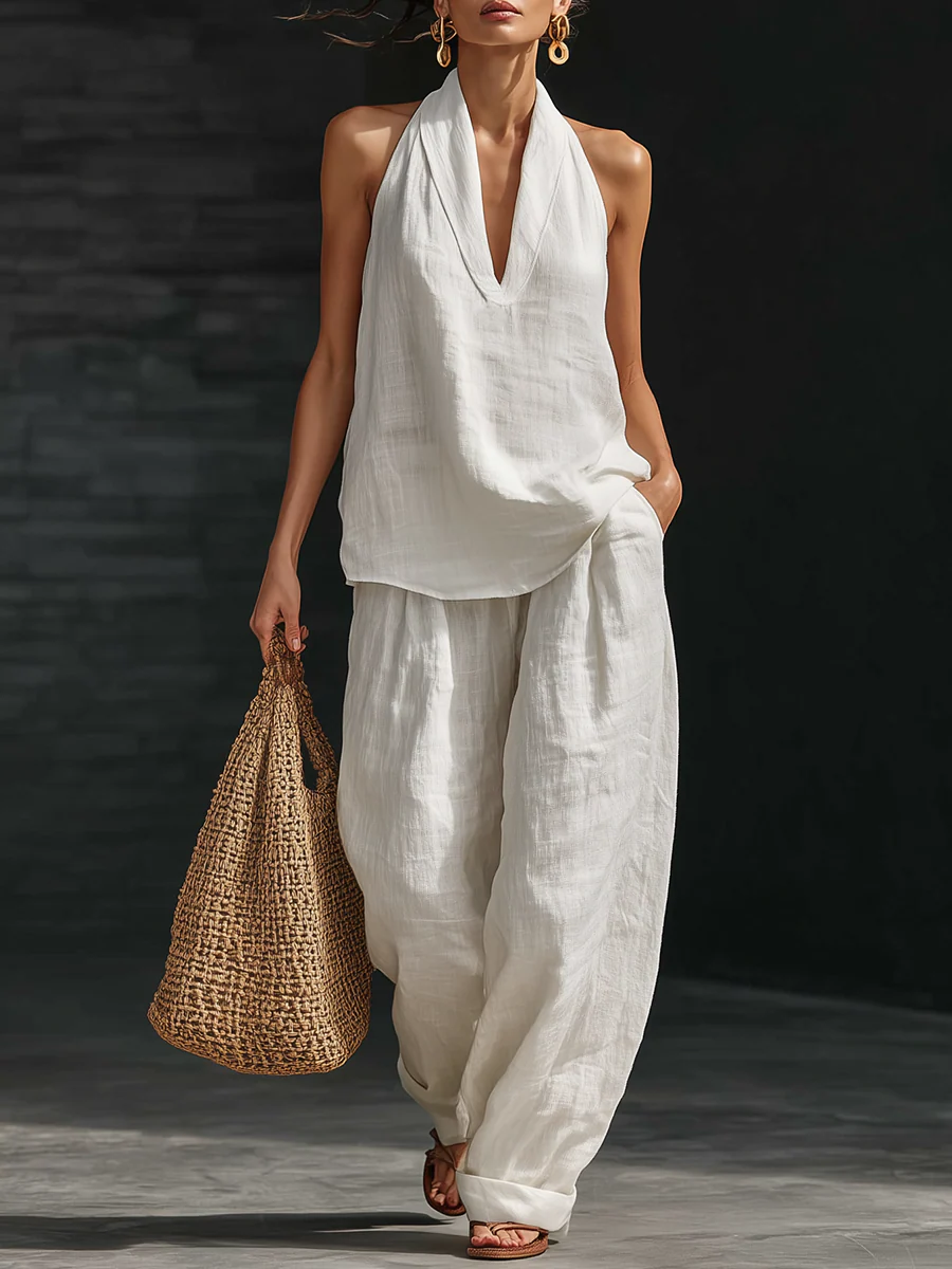 Amelia | Faux Linen V-Neck Top &amp; Wide-Leg Pants Set