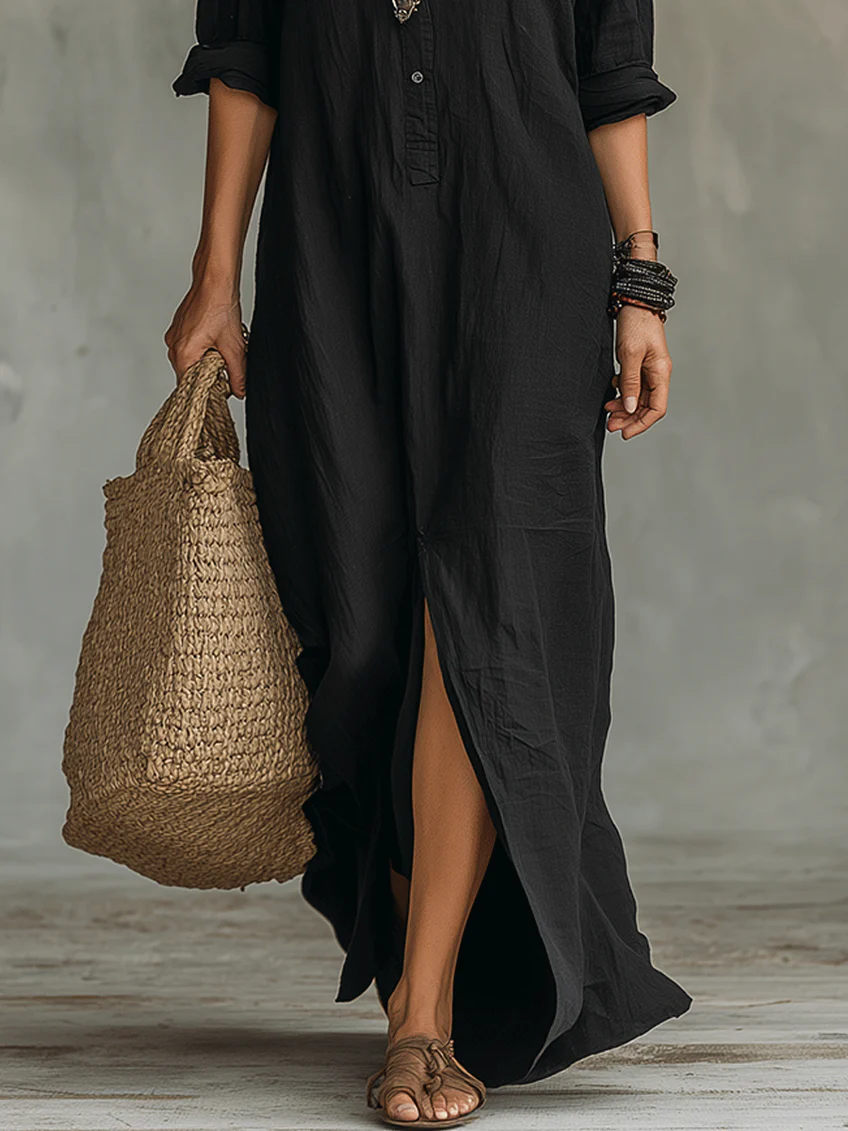 Coline™ | Oversized Black Maxi Dress with Buttons