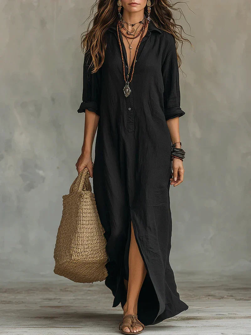 Céline™ | Black Loose-Fitting Maxi Dress with Buttons