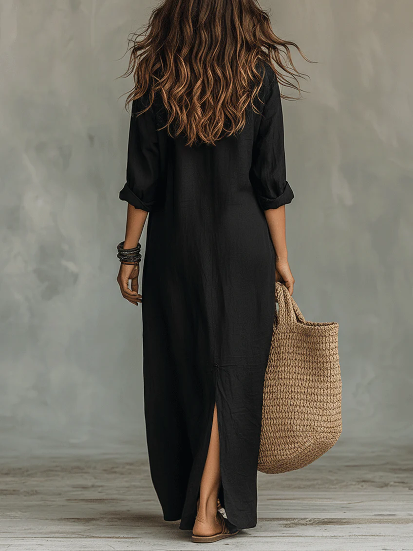 Coline™ | Oversized Black Maxi Dress with Buttons
