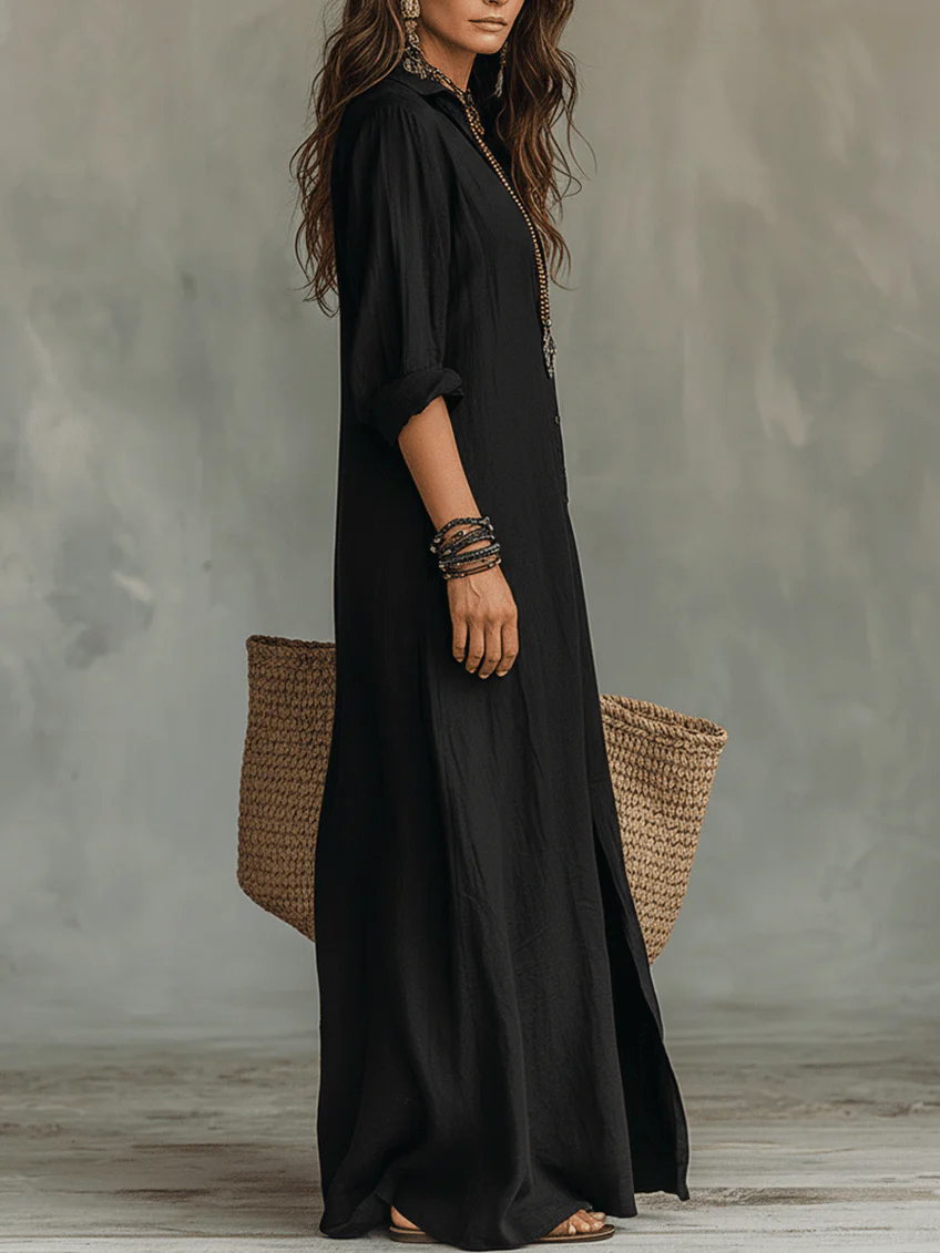 Coline™ | Oversized Black Maxi Dress with Buttons