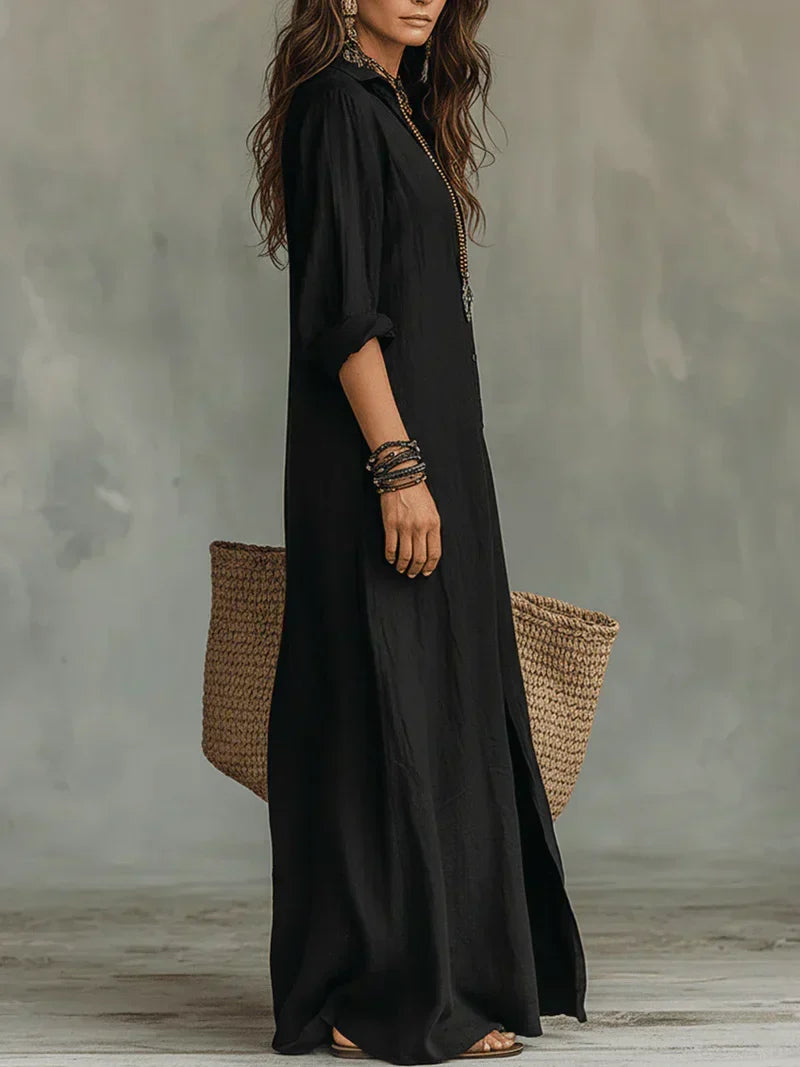 Céline™ | Black Loose-Fitting Maxi Dress with Buttons