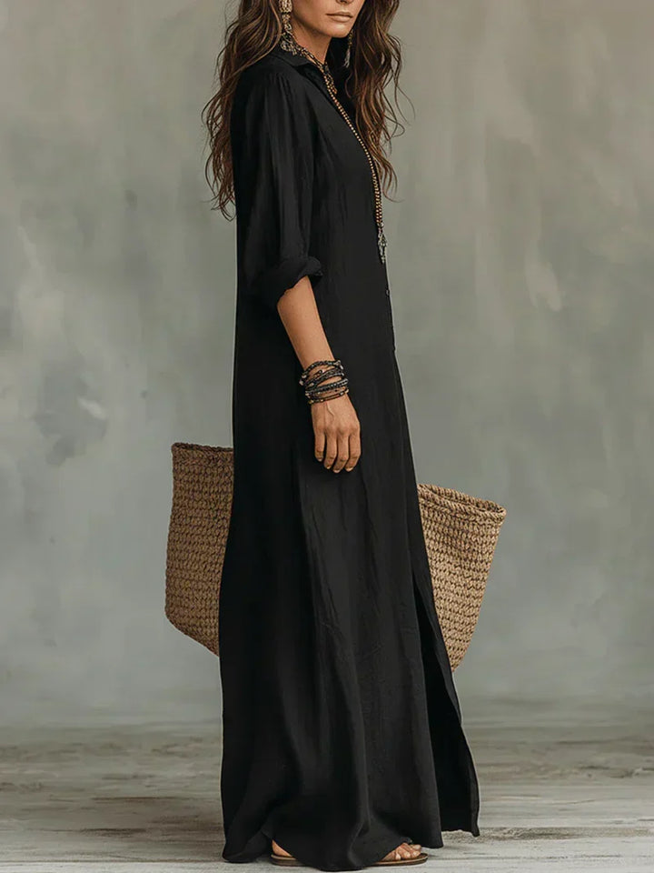 Céline™ | Black Loose-Fitting Maxi Dress with Buttons