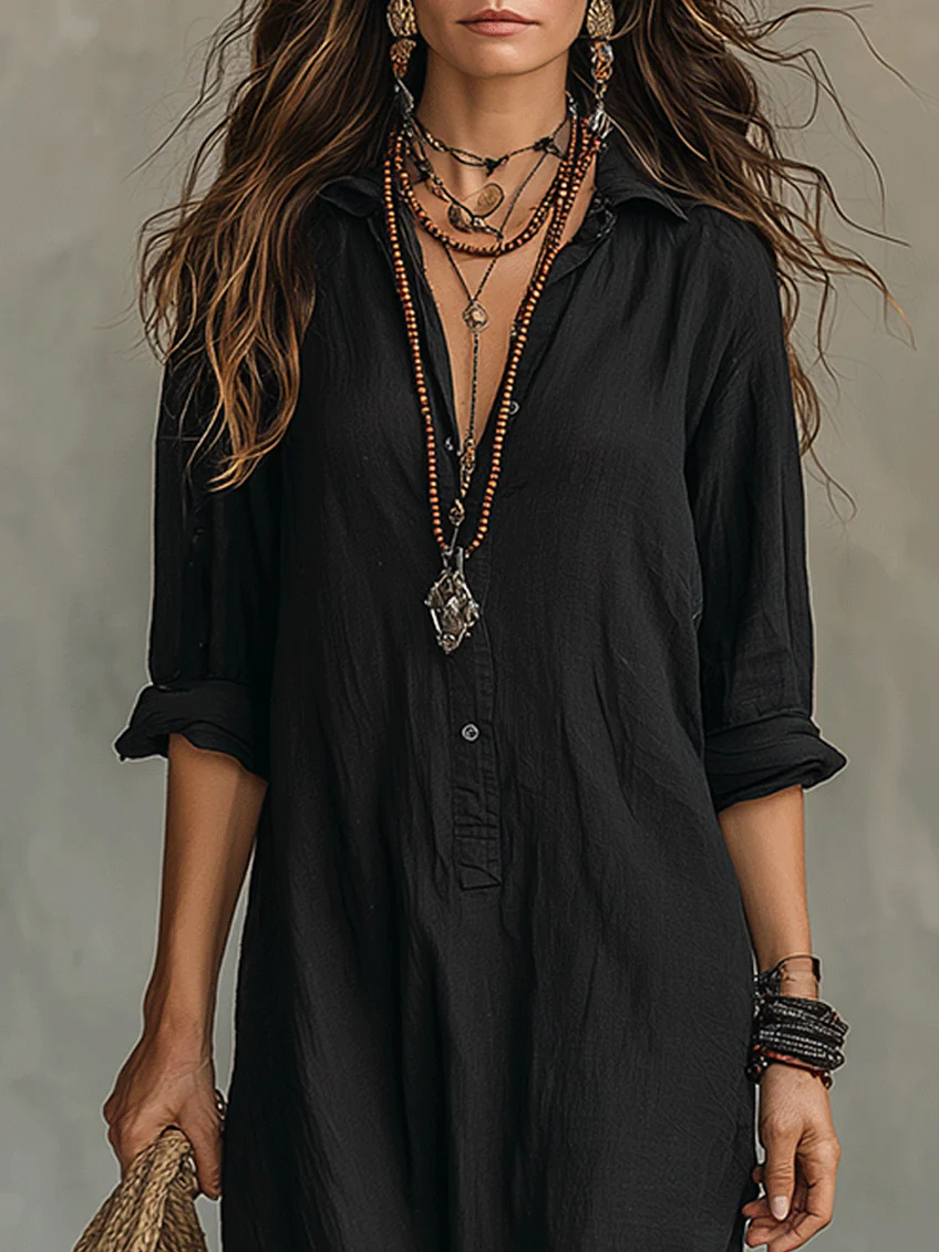 Coline™ | Oversized Black Maxi Dress with Buttons