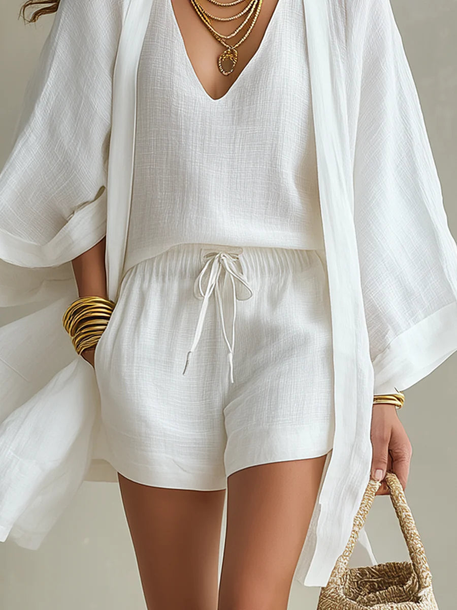 Camila | Three-Piece Polyester-Linen Cardigan & Shorts Set