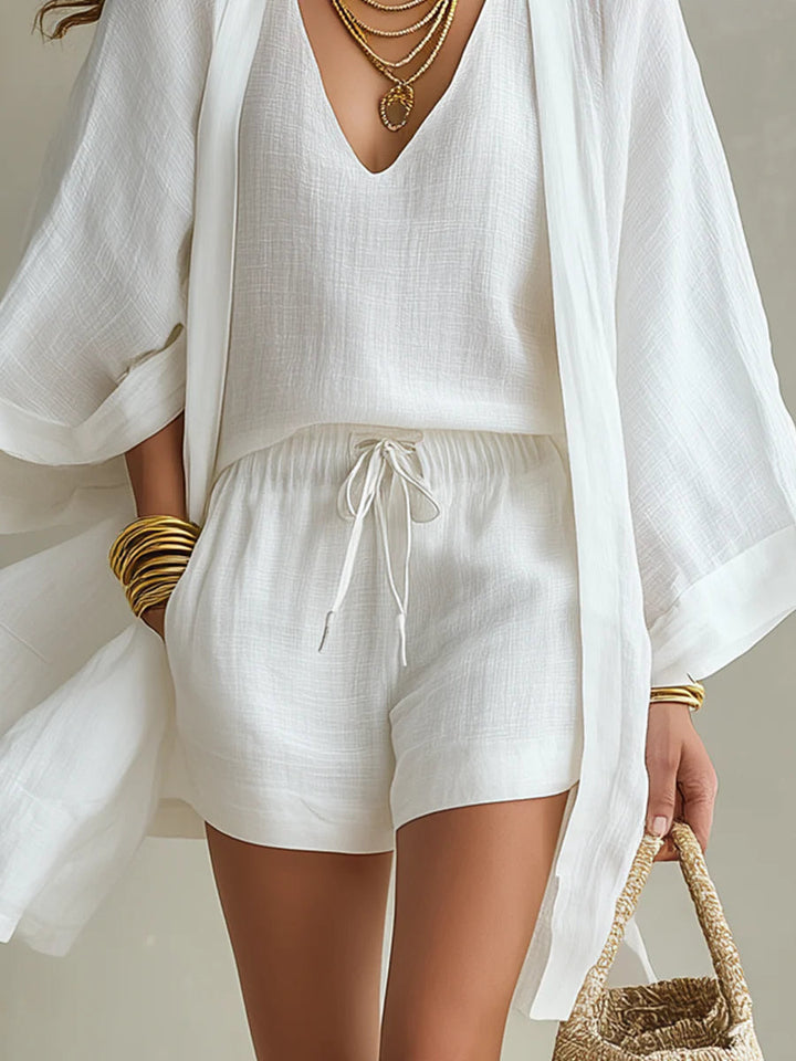 Camila | Three-Piece Polyester-Linen Cardigan &amp; Shorts Set
