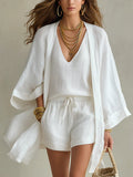 Camila | Three-Piece Polyester-Linen Cardigan & Shorts Set
