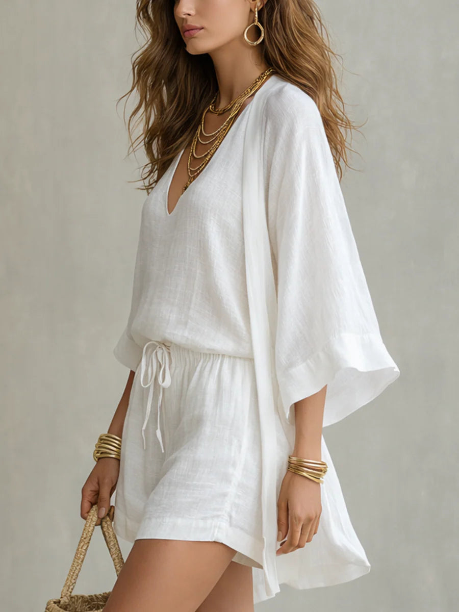 Camila | Three-Piece Polyester-Linen Cardigan & Shorts Set