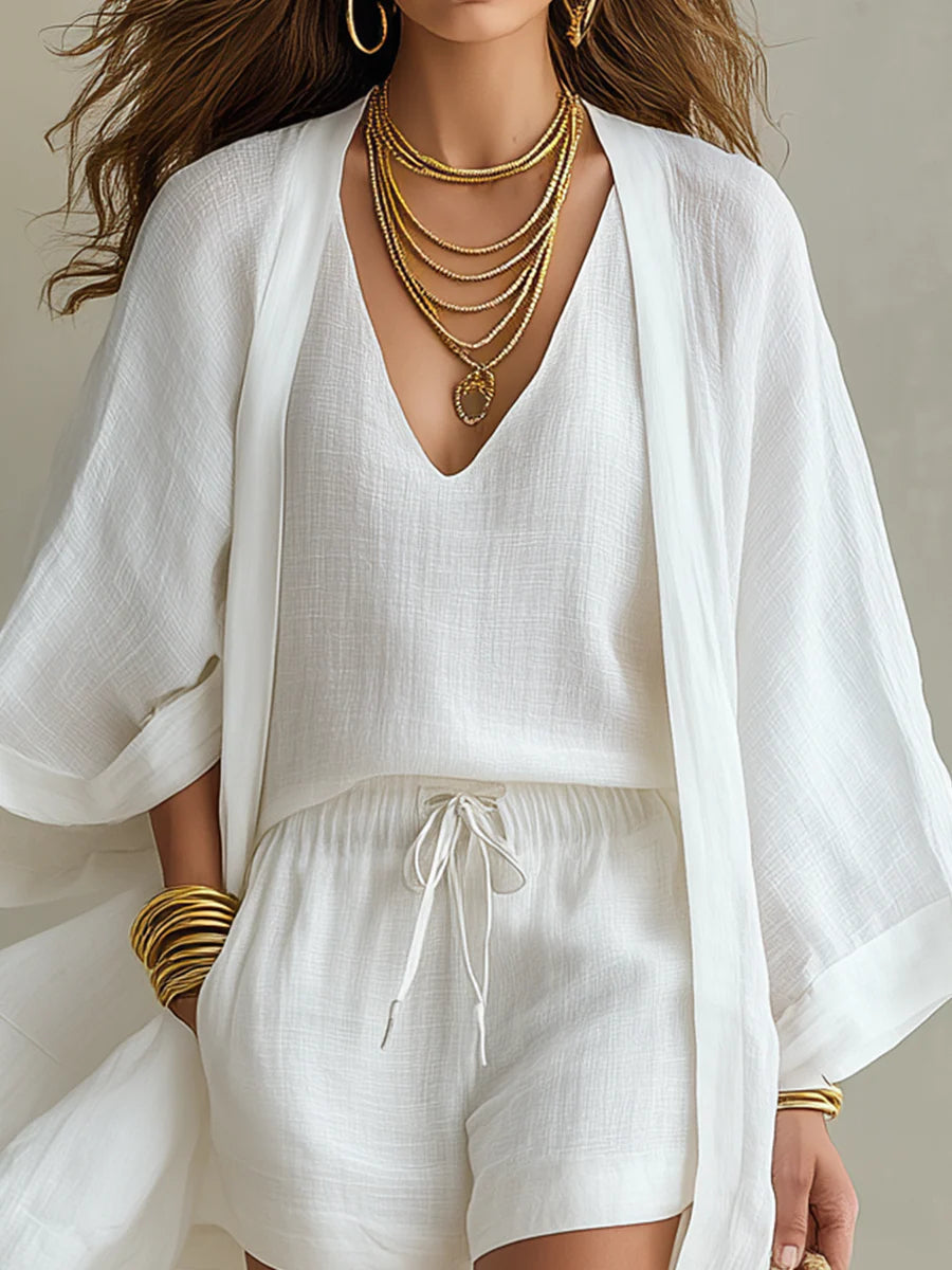Camila | Three-Piece Polyester-Linen Cardigan & Shorts Set