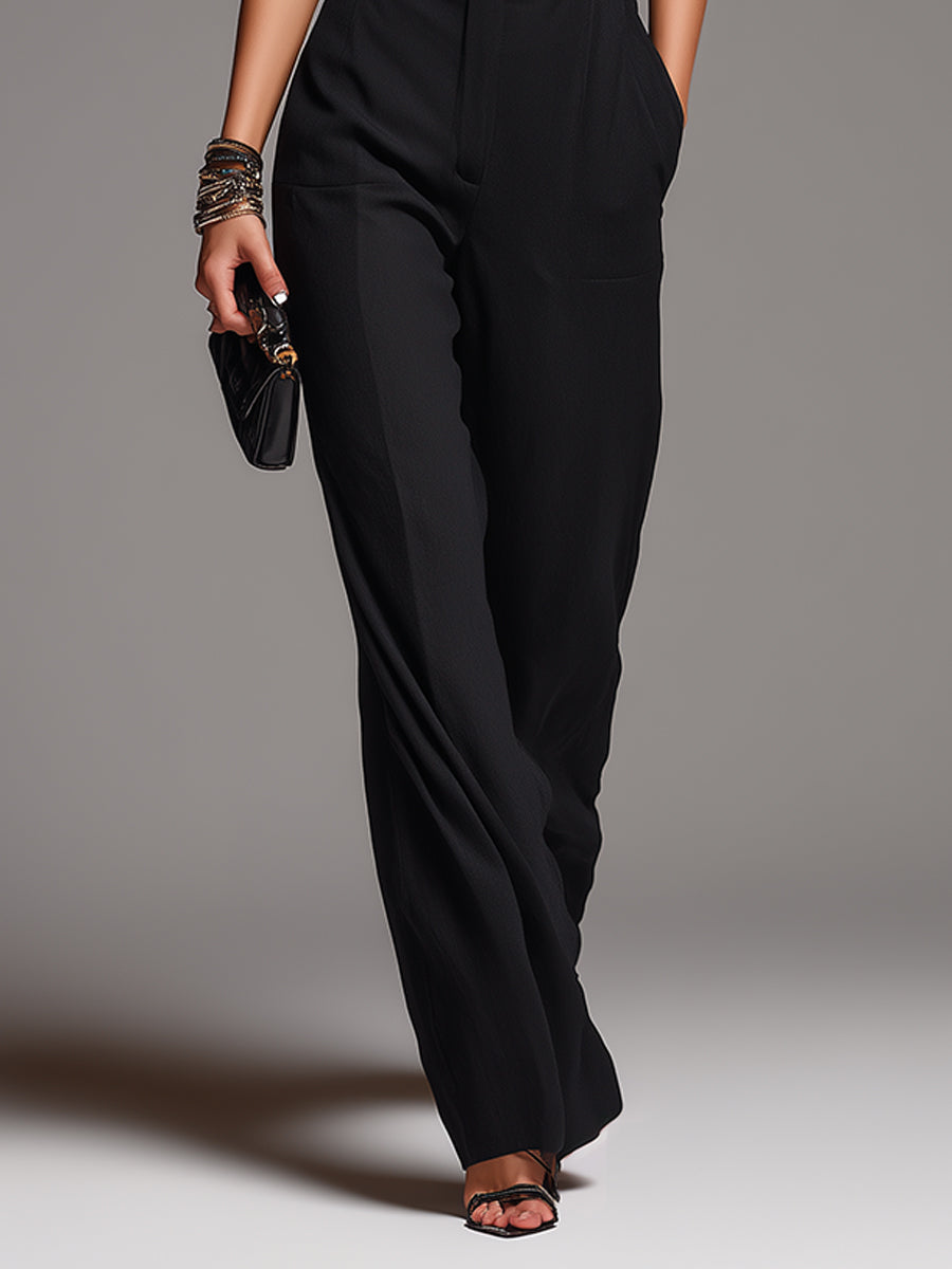 Aisha | Black Chiffon Ruffle Blouse &amp; High-Waist Wide-Leg Pants Set