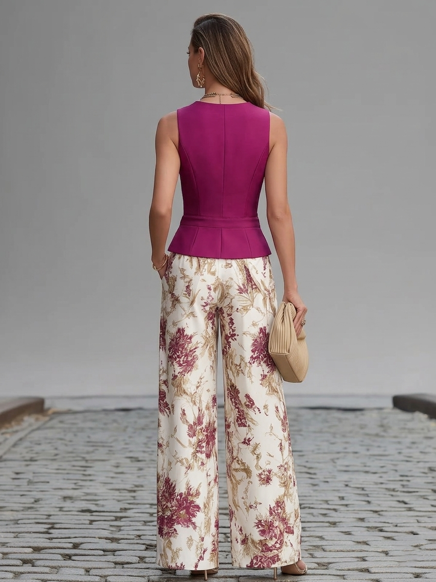 Maya | Spandex-Blend Sleeveless Vest & Floral Wide-Leg Pants Set