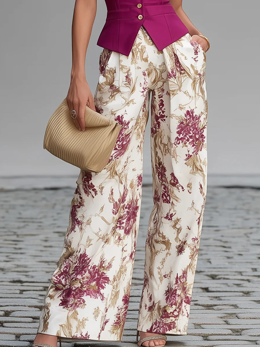 Maya | Spandex-Blend Sleeveless Vest & Floral Wide-Leg Pants Set