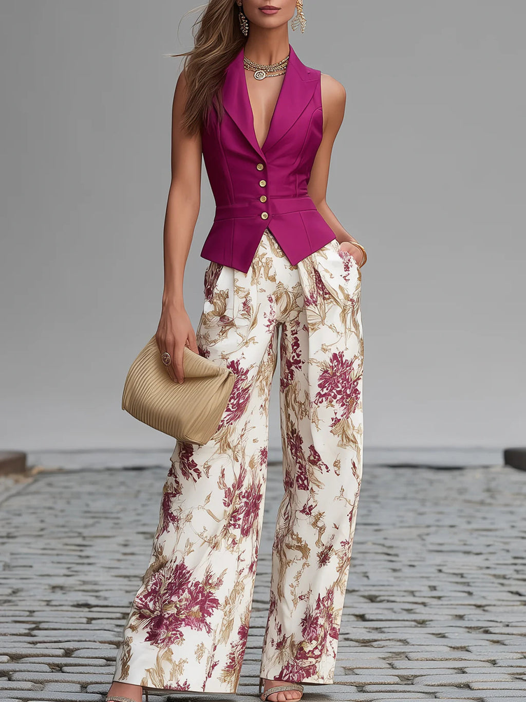 Maya | Spandex-Blend Sleeveless Vest & Floral Wide-Leg Pants Set