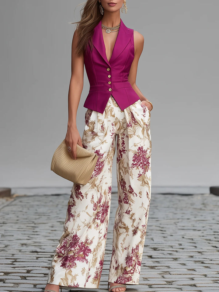 Maya | Spandex-Blend Sleeveless Vest &amp; Floral Wide-Leg Pants Set