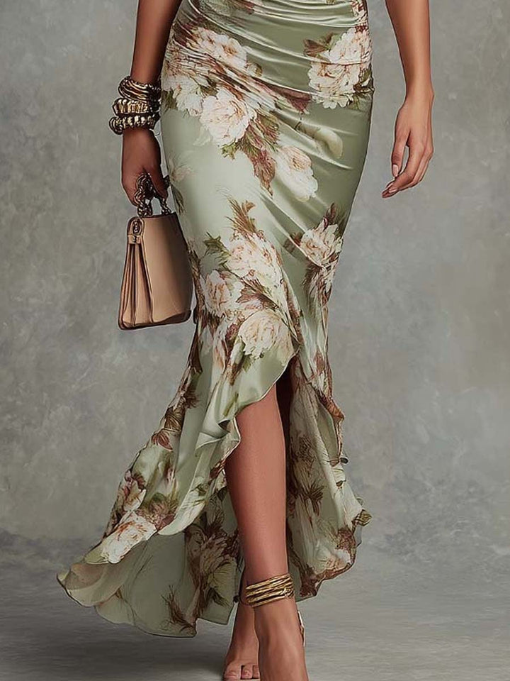 Nastasia | Asymmetrical Long Green Satin Dress