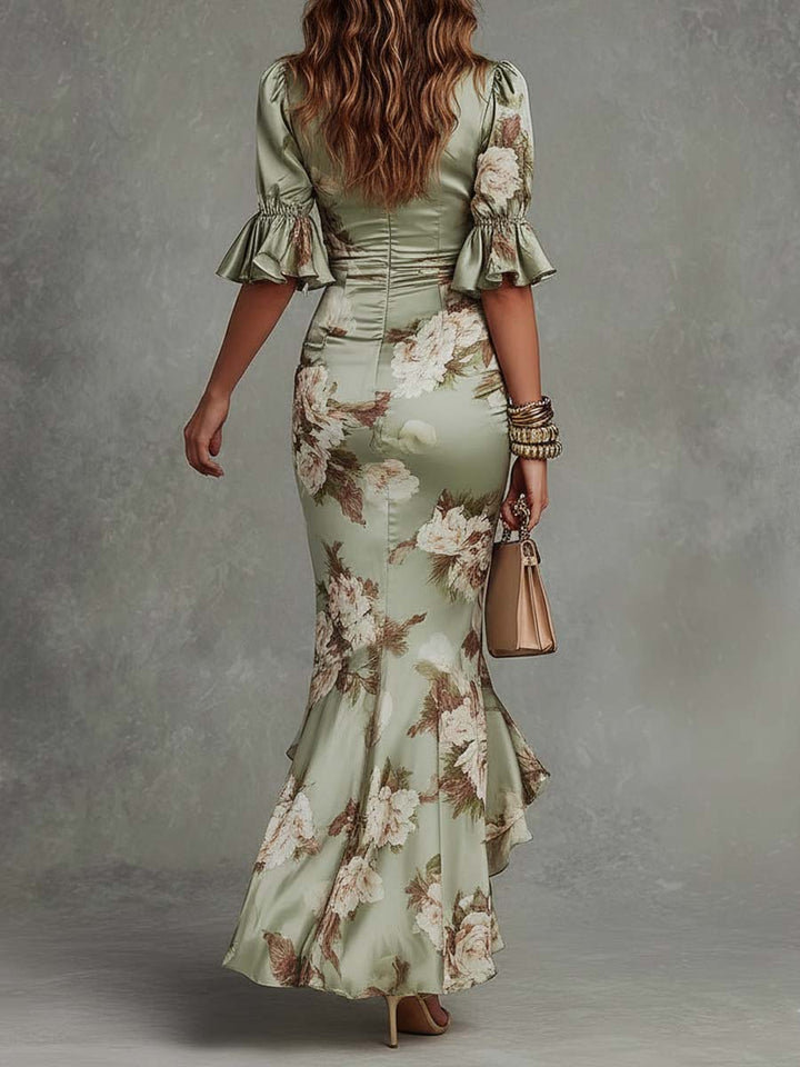 Nastasia | Asymmetrical Long Green Satin Dress