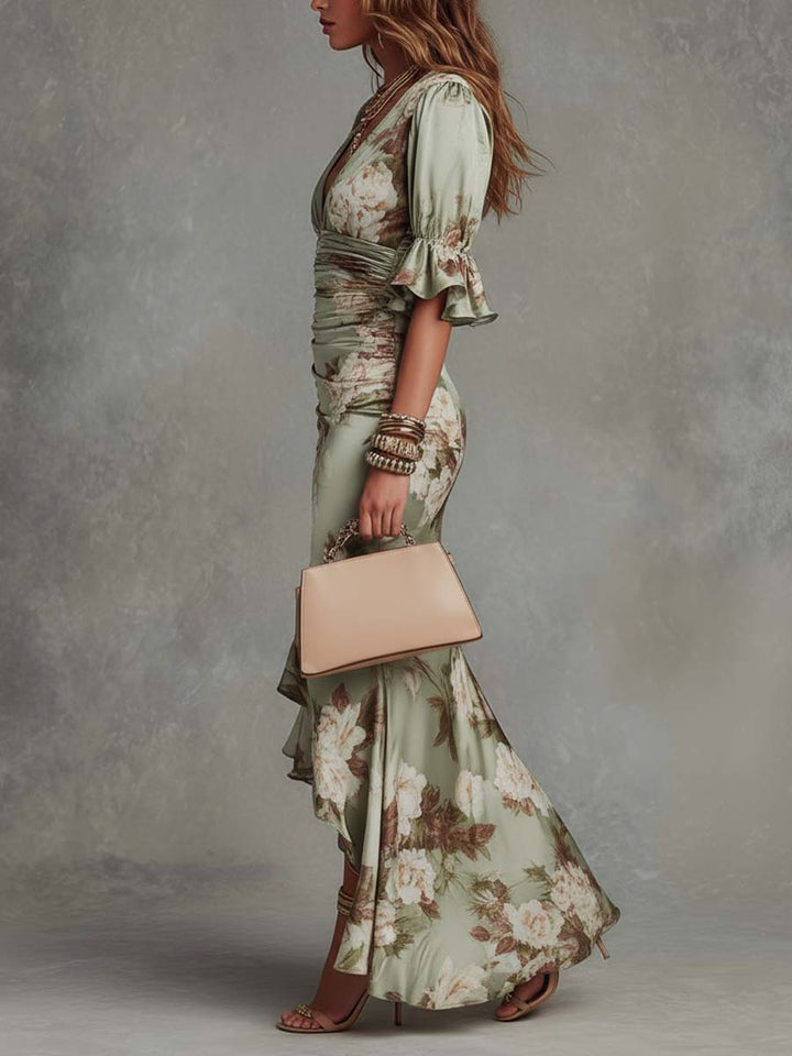 Nastasia | Asymmetrical Long Green Satin Dress