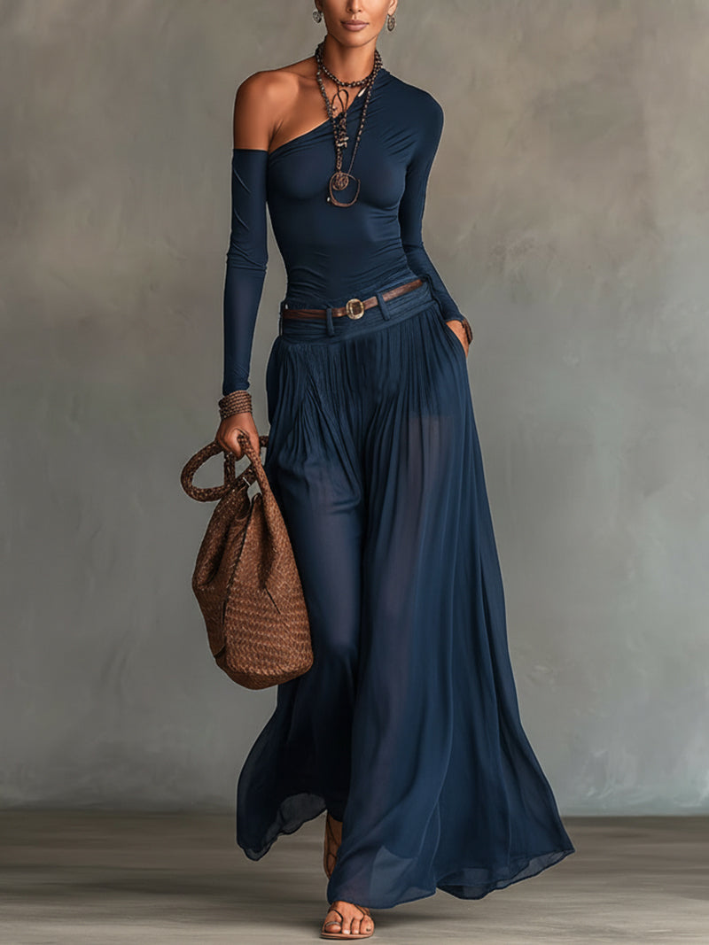 Camila | One-Shoulder Jersey Bodysuit & Sheer Chiffon Maxi Skirt Set