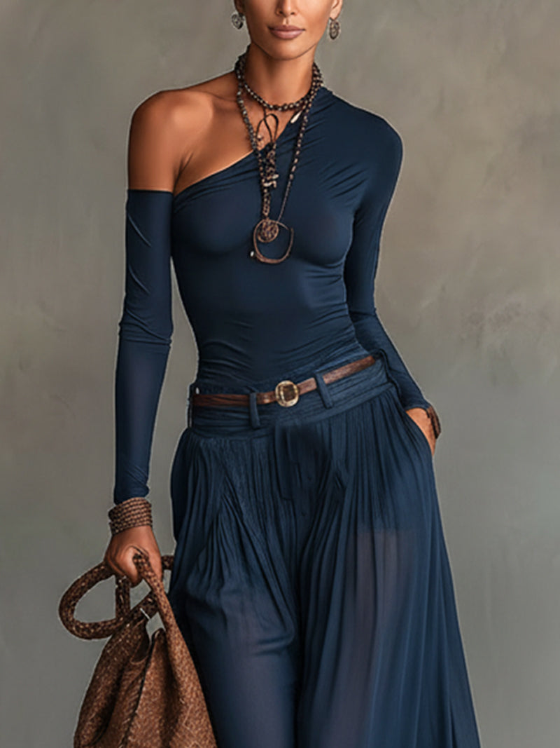 Camila | One-Shoulder Jersey Bodysuit & Sheer Chiffon Maxi Skirt Set