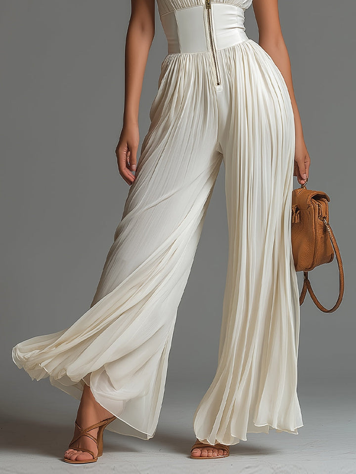 White V-neck Sleeveless Zip-up Pleated Wide-leg Chiffon Jumpsuit