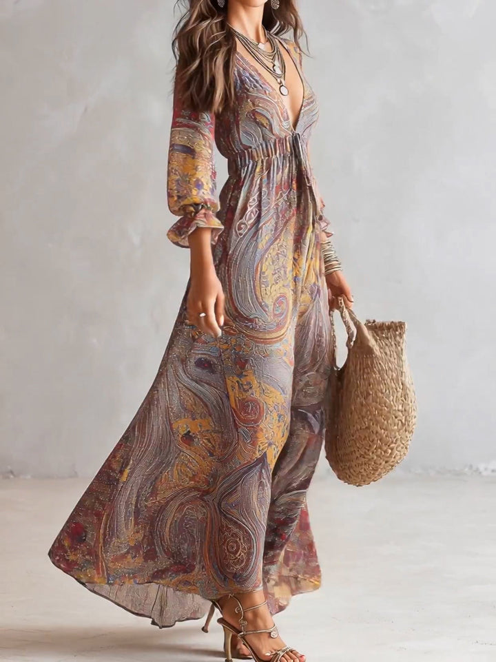 Paisley Print V-neck Gathered Chiffon Maxi Dress