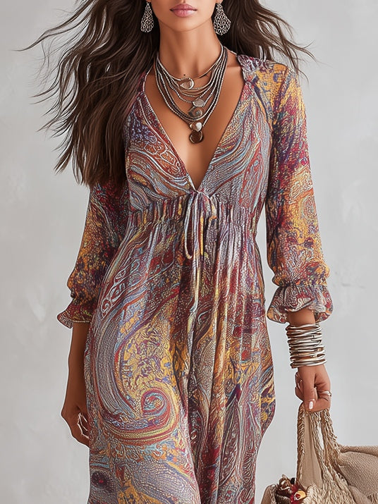 Paisley Print V-neck Gathered Chiffon Maxi Dress