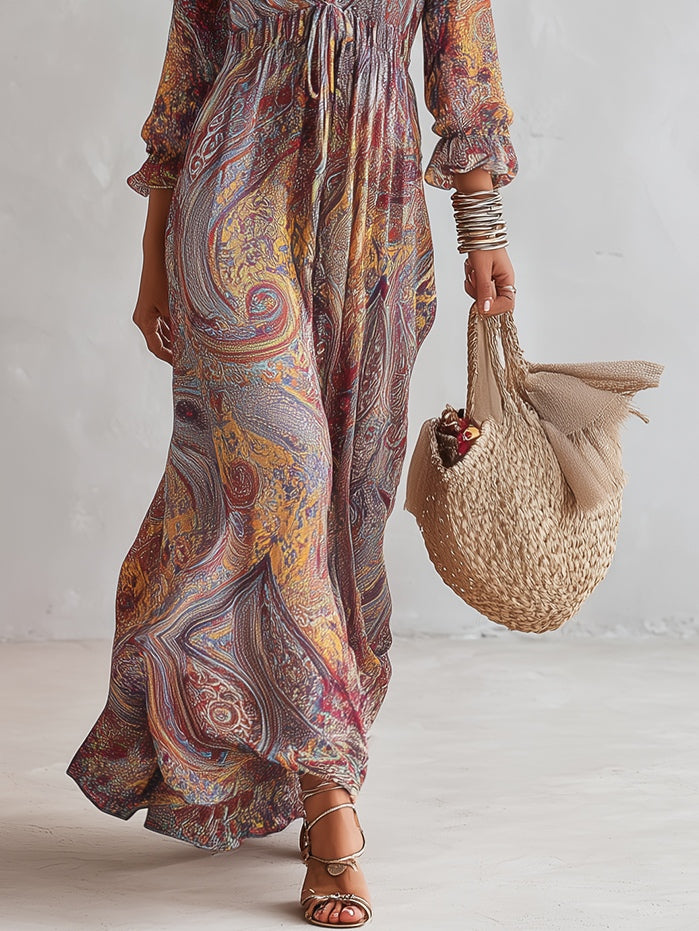 Paisley Print V-neck Gathered Chiffon Maxi Dress