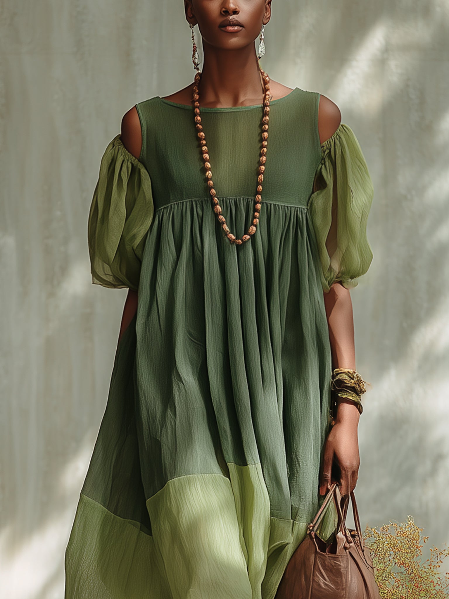 Green Chiffon Off Shoulder Short Sleeve Midi Dress