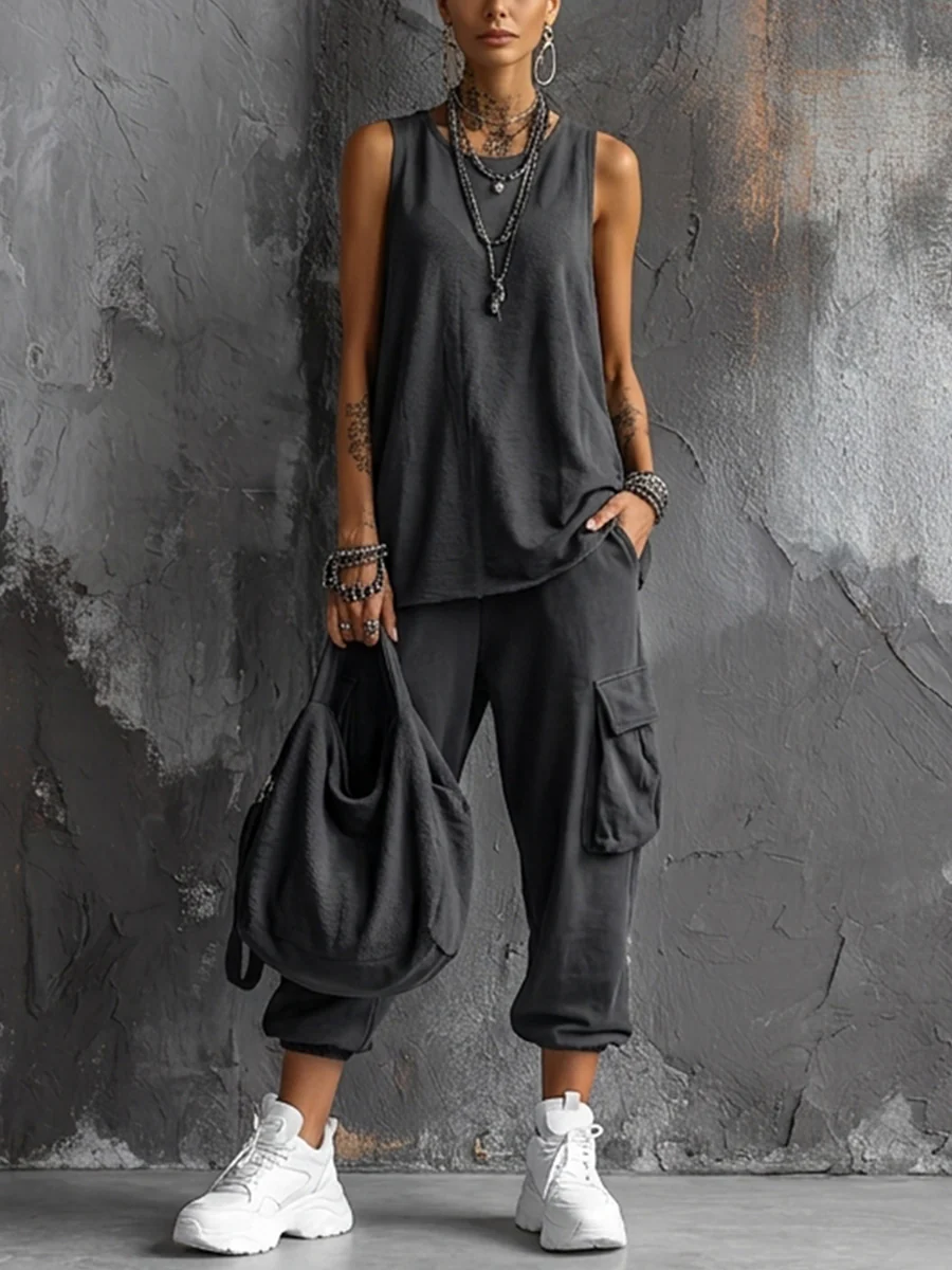 Harper | Sleeveless Vest & Jogger Cargo Set Rayon-Blend