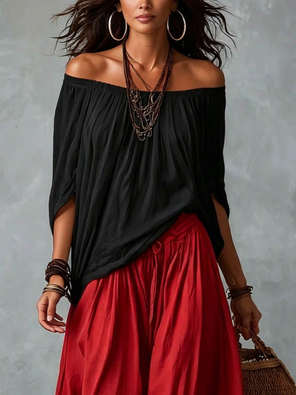 Marisol | Off-Shoulder Crop Top & Lantern Pants Set - Rayon Blend