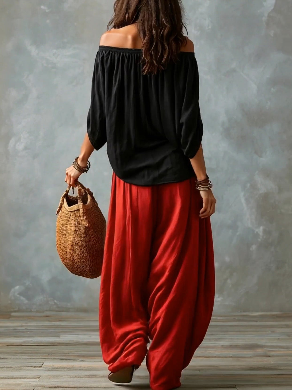 Marisol | Off-Shoulder Crop Top & Lantern Pants Set - Rayon Blend