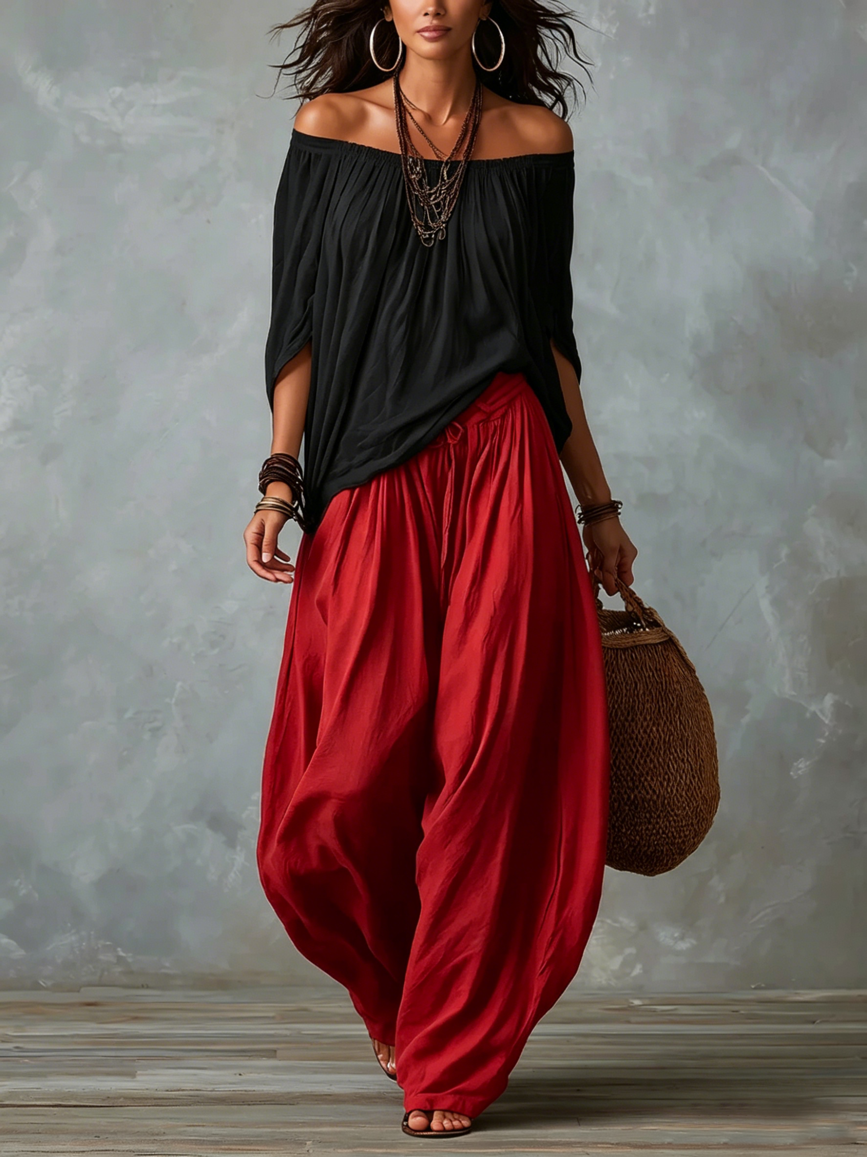 Marisol | Off-Shoulder Crop Top & Lantern Pants Set - Rayon Blend