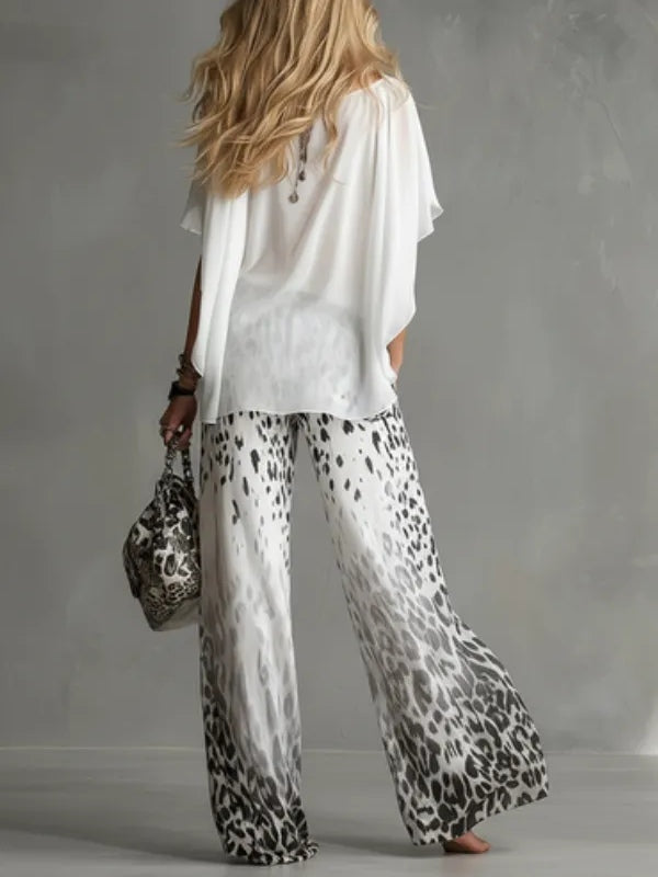Monica | Boat-Neck T-Shirt &amp; Gradient Leopard Chiffon Pants Set