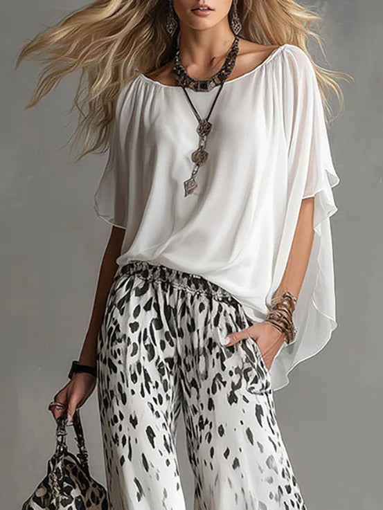 Monica | Boat-Neck T-Shirt &amp; Gradient Leopard Chiffon Pants Set