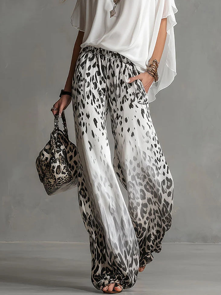 Monica | Boat-Neck T-Shirt &amp; Gradient Leopard Chiffon Pants Set