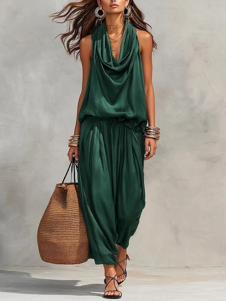 Maya | Halter Top & Pleated Wide-Leg Pants Set