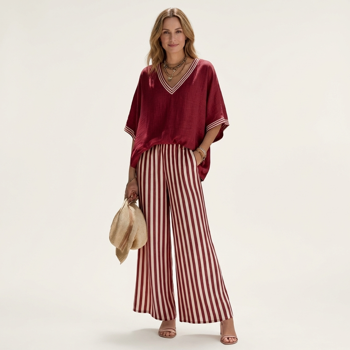 Juliana | V-Neck Varsity Top &amp; Stripe Wide-Leg Set