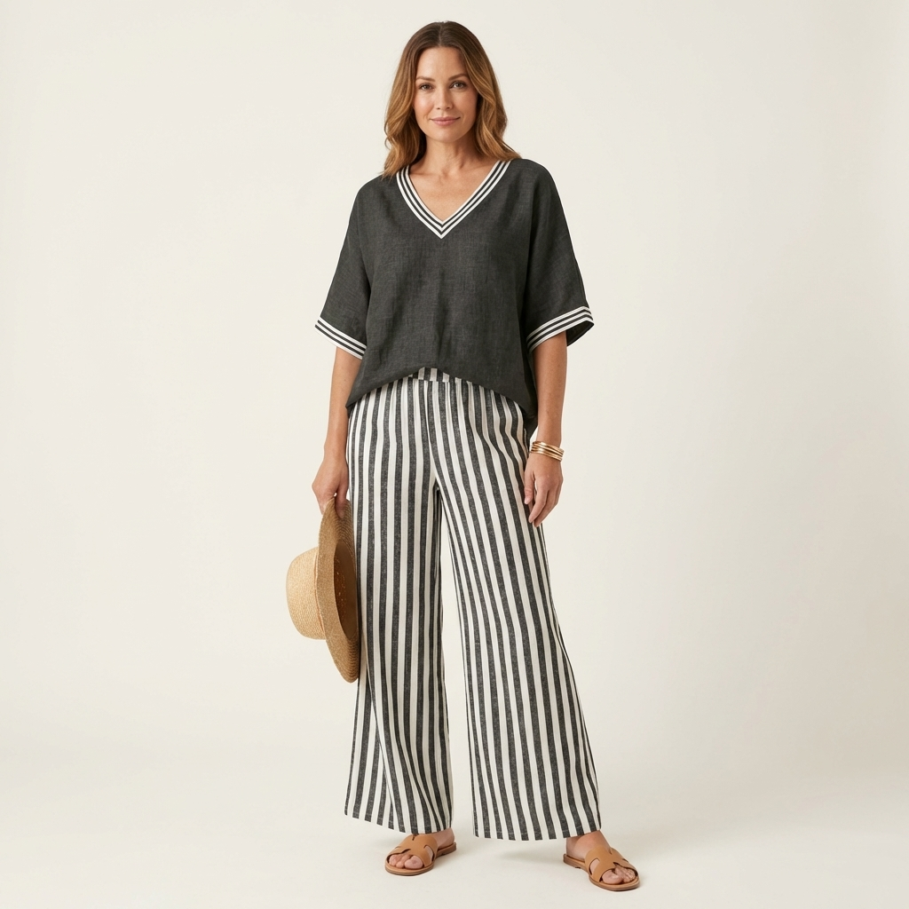 Juliana | V-Neck Varsity Top &amp; Stripe Wide-Leg Set