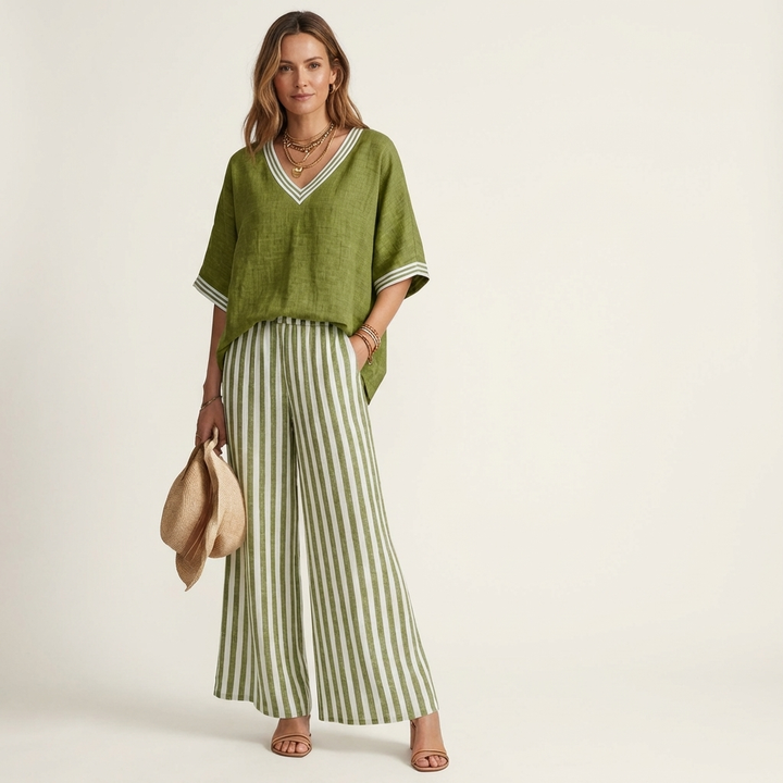 Juliana | V-Neck Varsity Top &amp; Stripe Wide-Leg Set