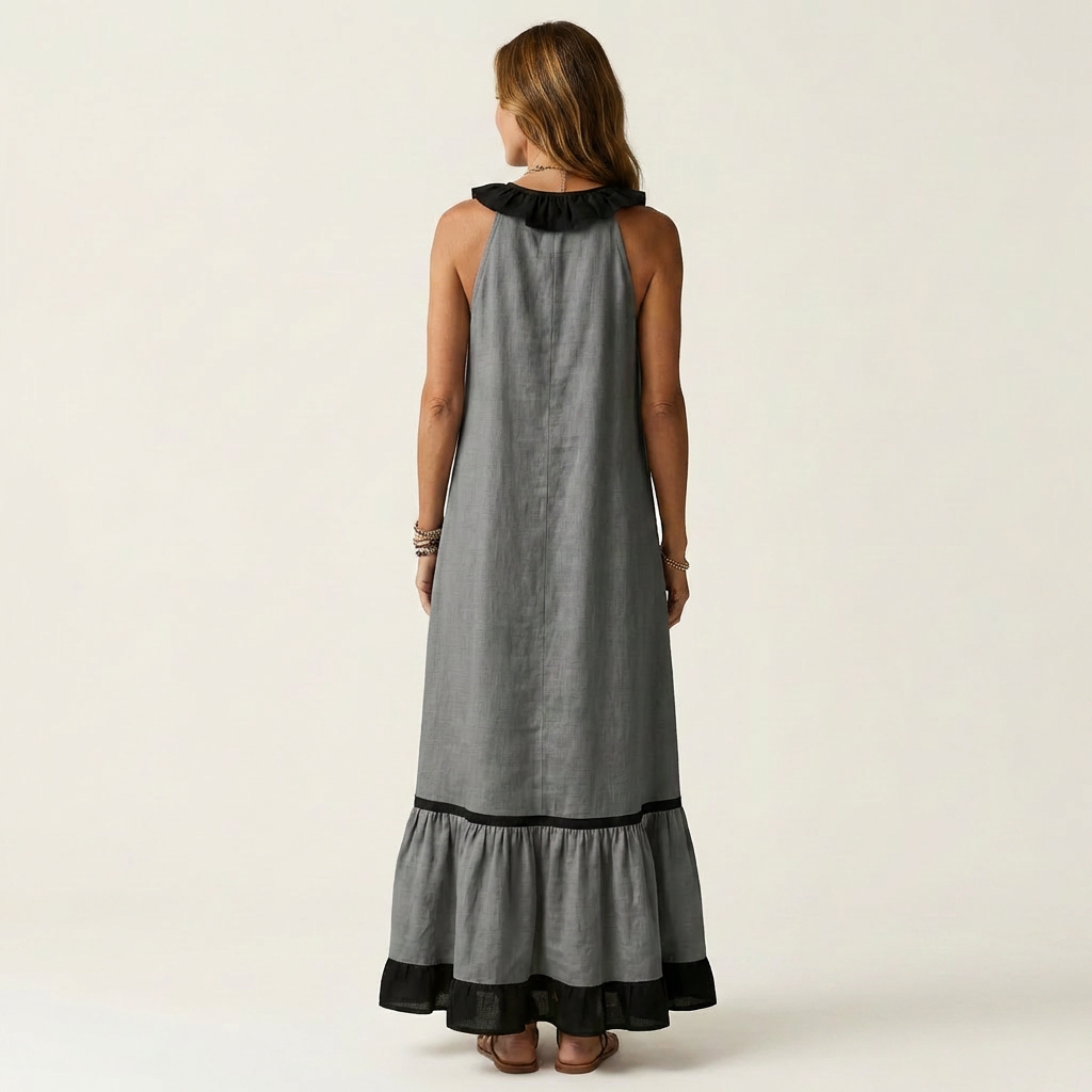 Mayline | Sleeveless Ruffle-Neck Contrast-Trim Maxi Dress