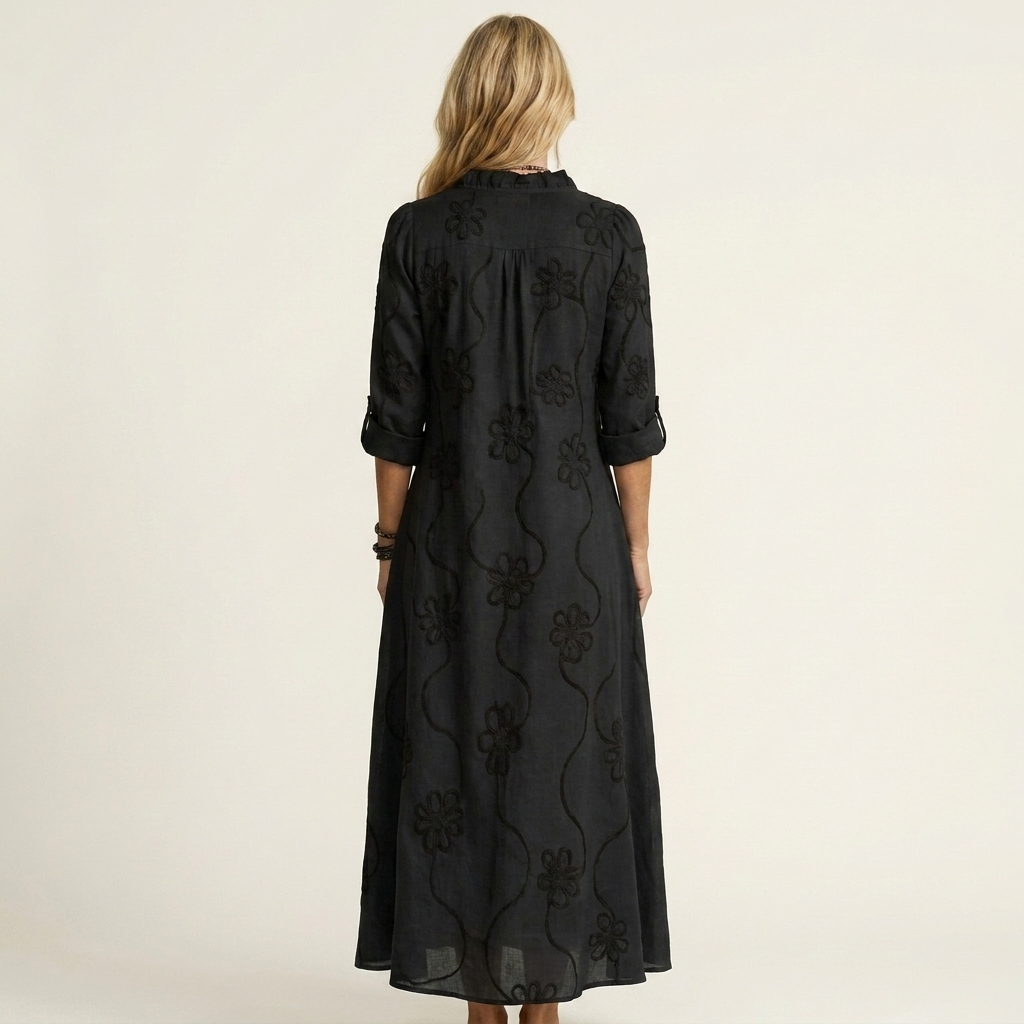 Mariam | Cotton-Linen Maxi Dress with Tonal Floral Embroidery