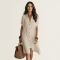 Nidalie | Cotton-Linen Midi Shirt Dress with Rolled Cuffs