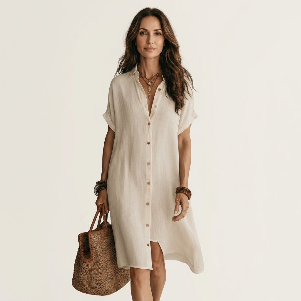 Nidalie | Cotton-Linen Midi Shirt Dress with Rolled Cuffs