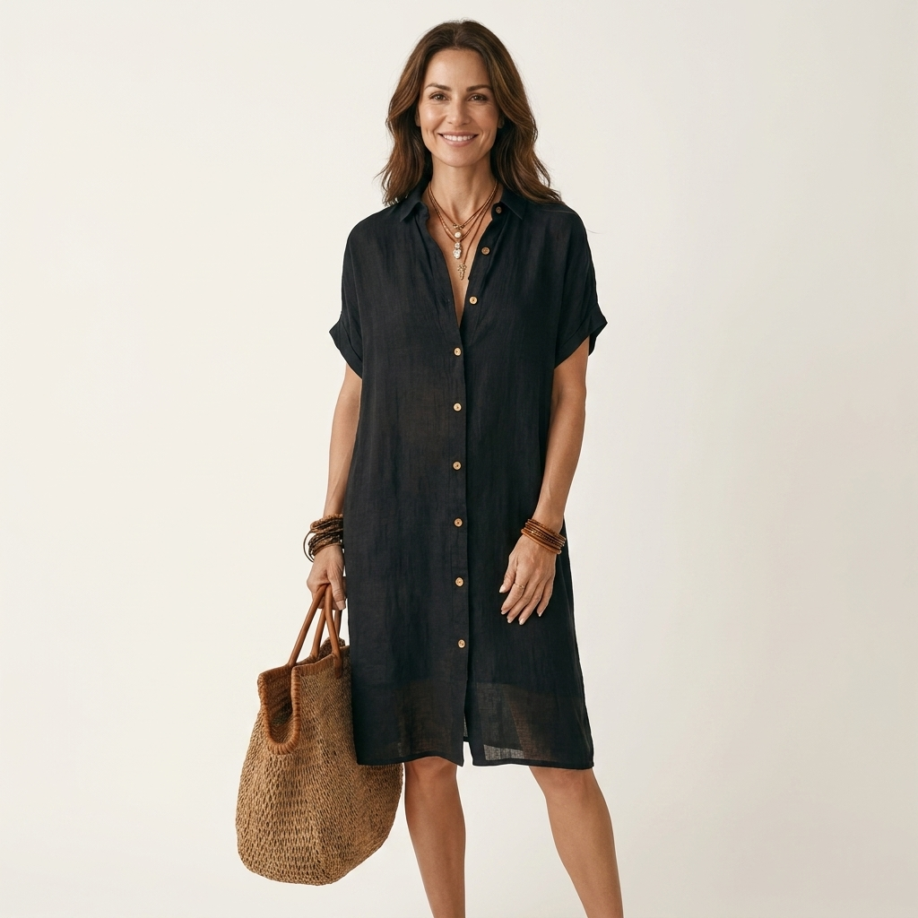 Nidalie | Cotton-Linen Midi Shirt Dress with Rolled Cuffs