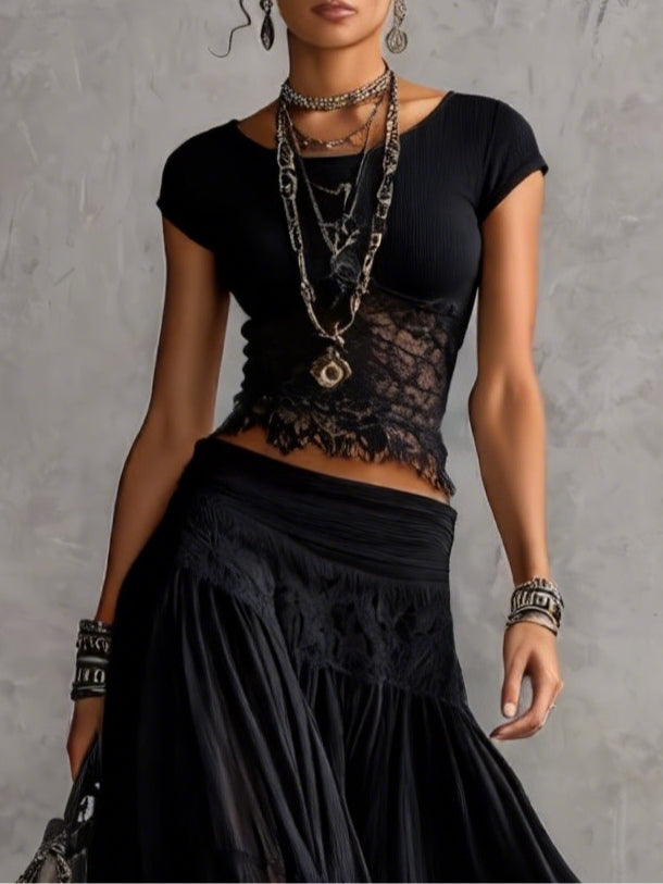 Maya | Lace-Paneled Top &amp; Pleated Chiffon Maxi Skirt