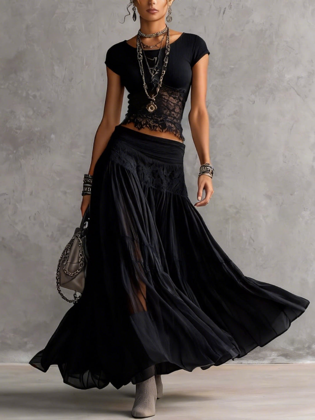 Maya | Lace-Paneled Top & Pleated Chiffon Maxi Skirt